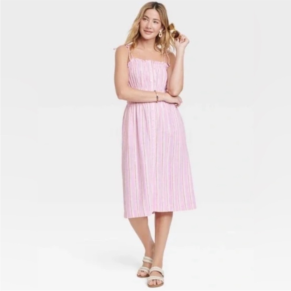 Pink Striped Linen Blend Midi Dress with Smocking and Tie Straps XS NWOT